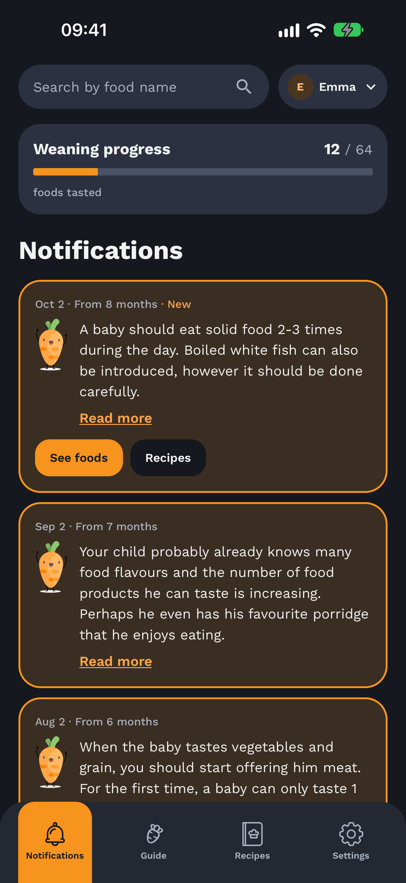 Happy Tummy demo home screen showing age-based messages and tasting progress