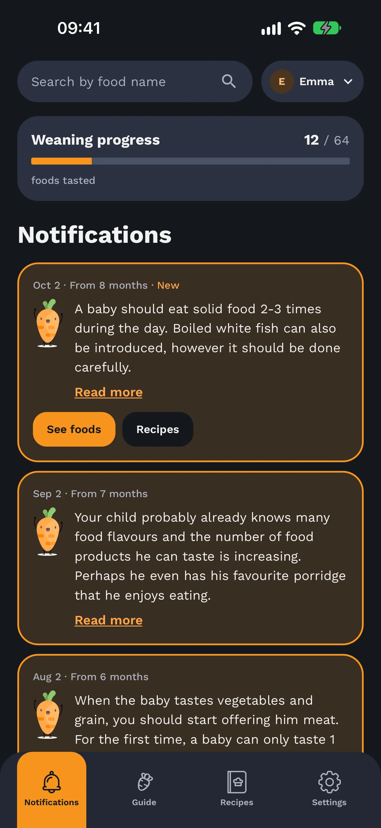 Happy Tummy’s English app with age-based guidance and a sample family’s tasting progress