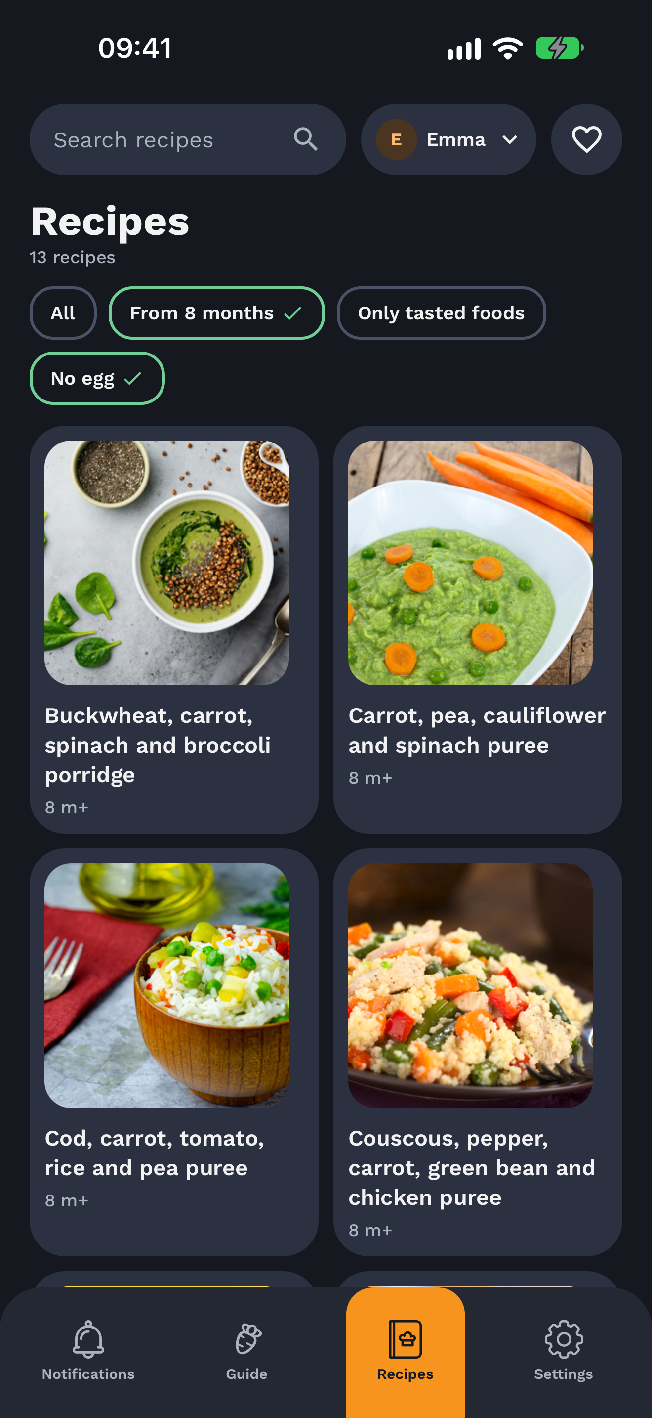 Happy Tummy demo recipe screen with age and allergen filters