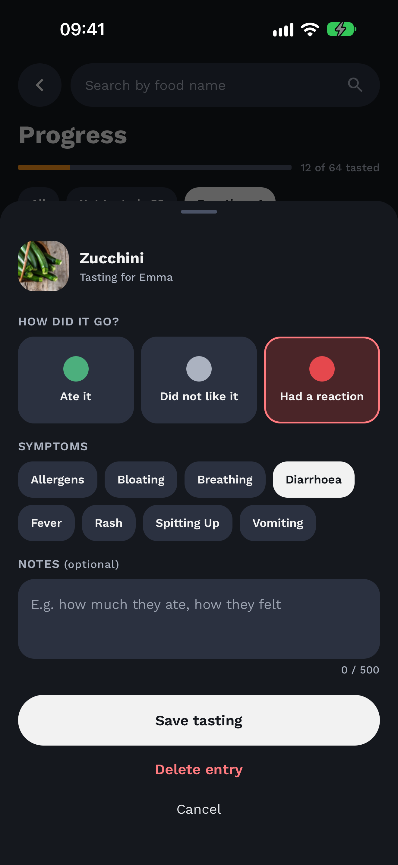 Happy Tummy demo tasting screen with reaction and symptom choices