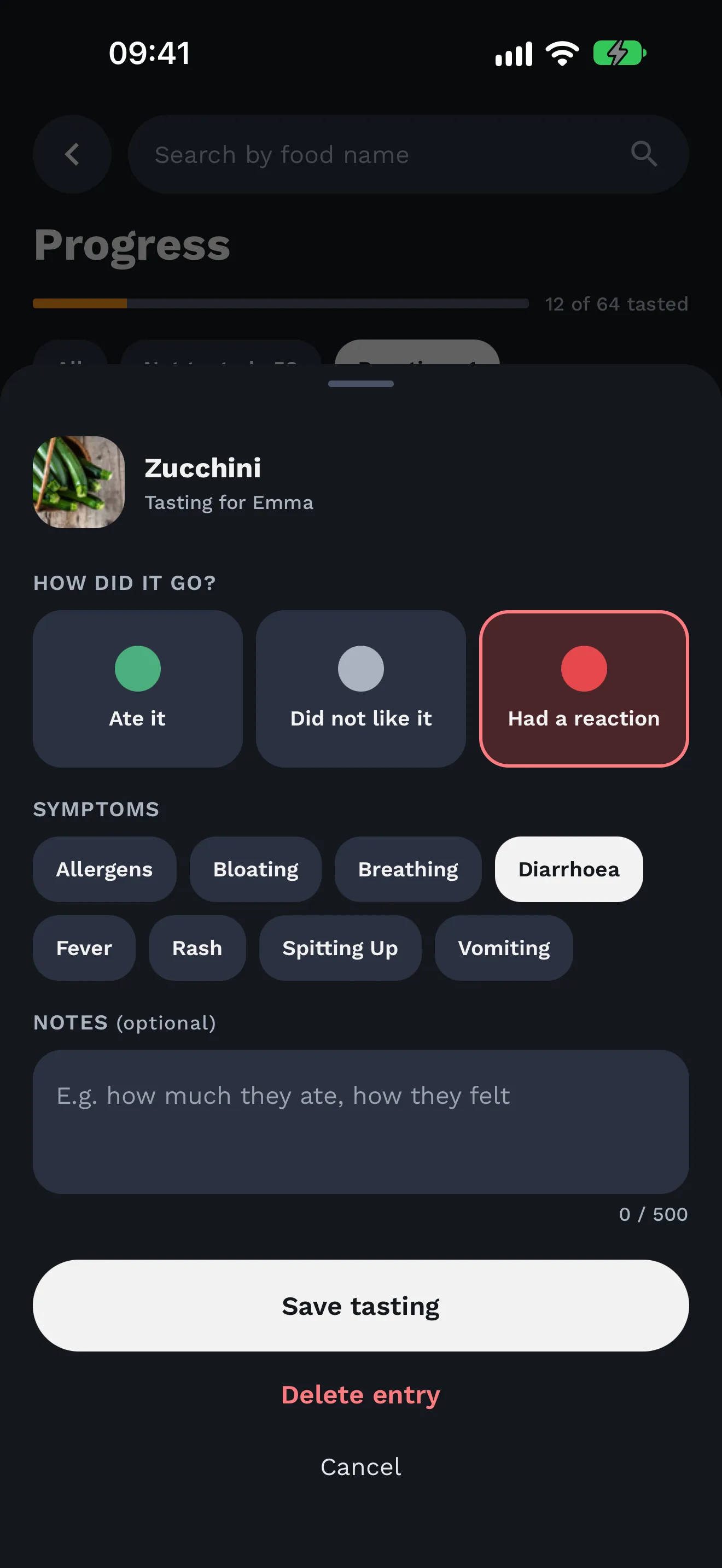 Happy Tummy demo tasting screen with reaction and symptom choices
