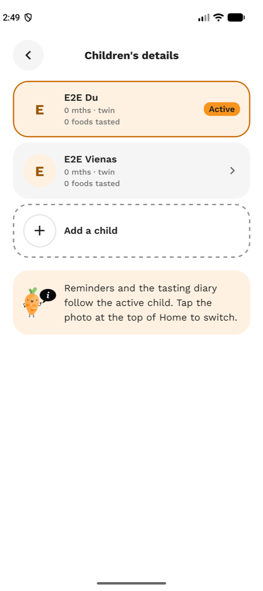 Norbix TEST app showing two synthetic E2E child profiles and the active child