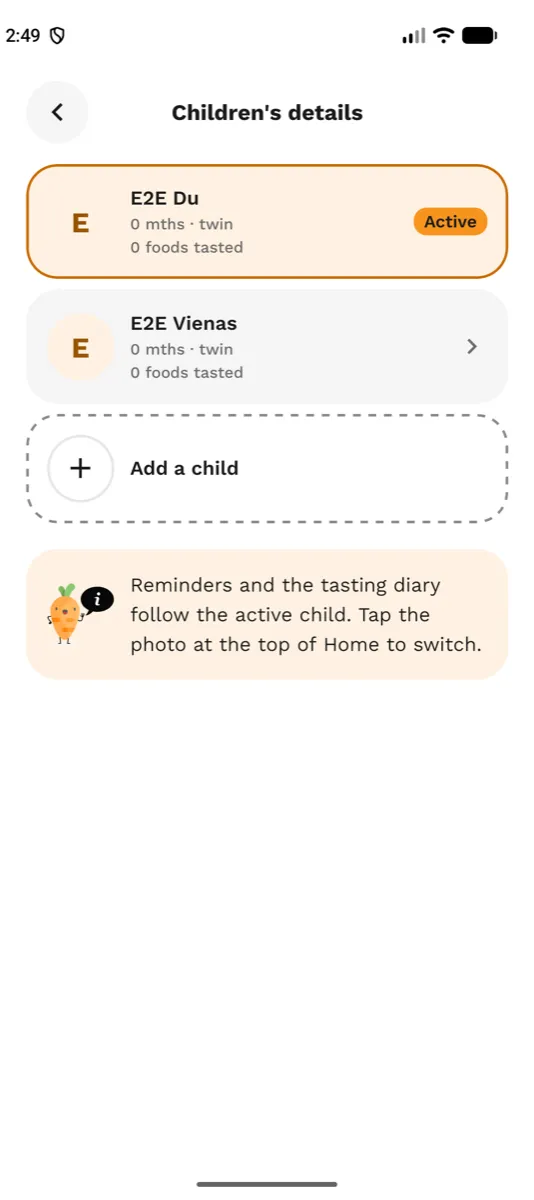 Norbix TEST app showing two synthetic E2E child profiles and the active child