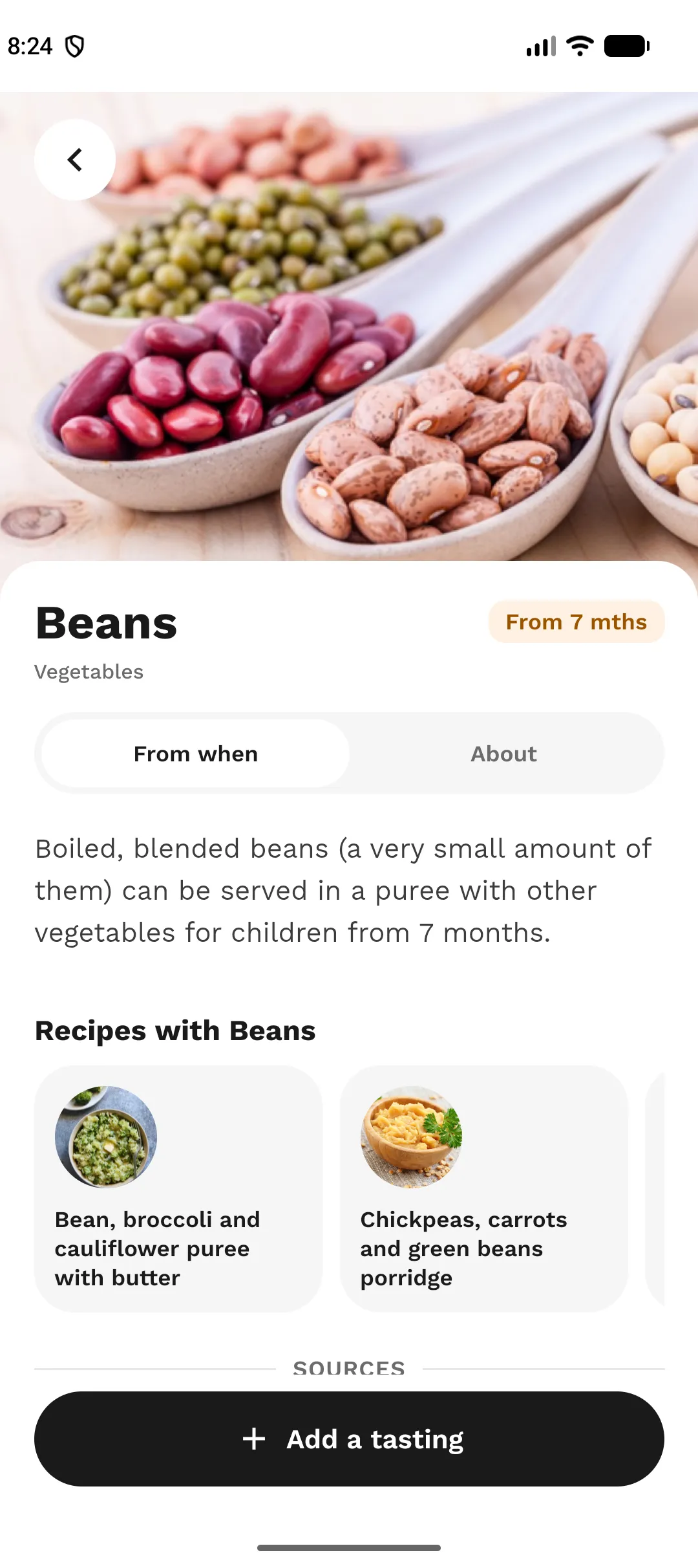 Beans food page in the Android app running against Norbix TEST, including preparation information and linked recipes