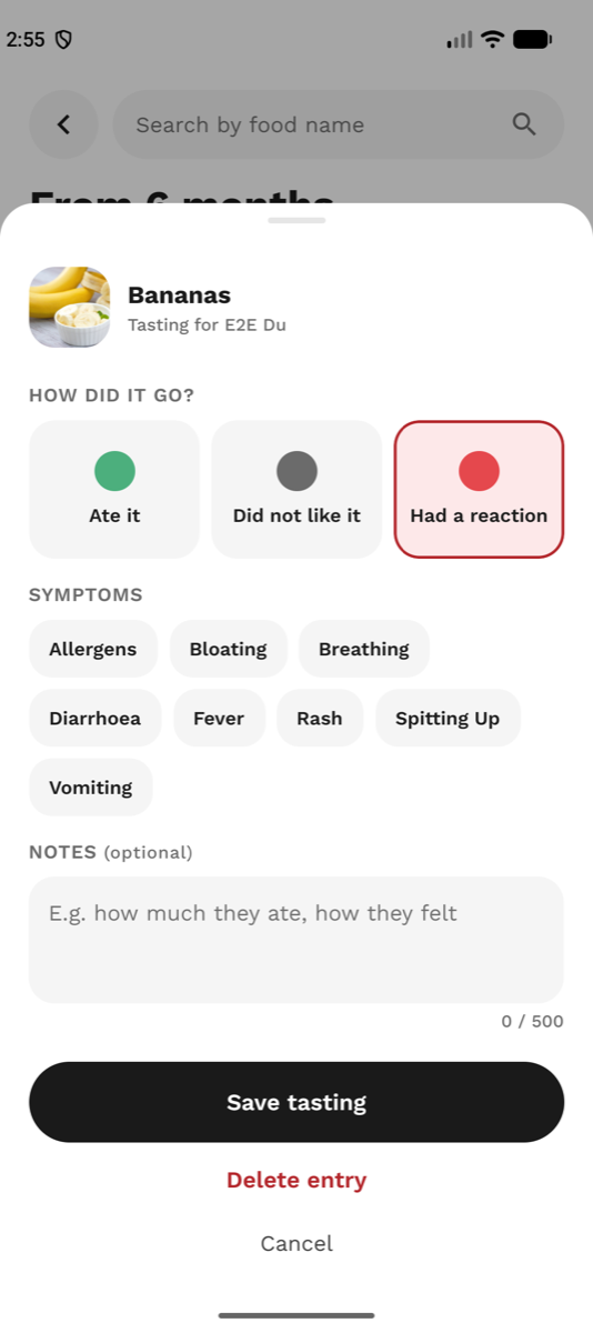 Norbix TEST app recording a banana tasting for a synthetic E2E profile