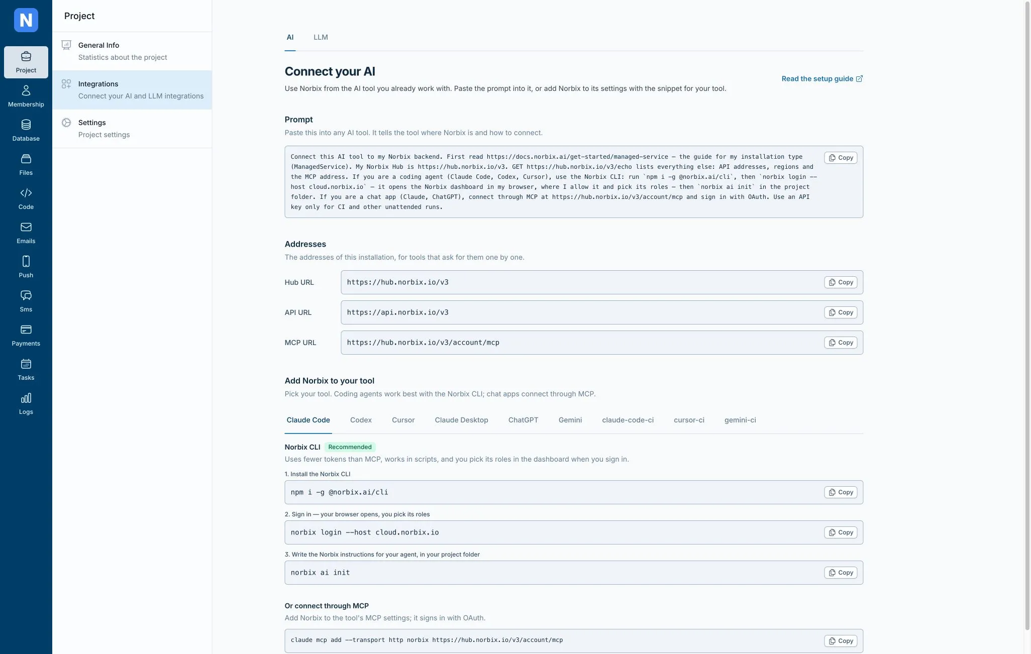 Norbix Connect your AI screen with coding-agent CLI setup guidance