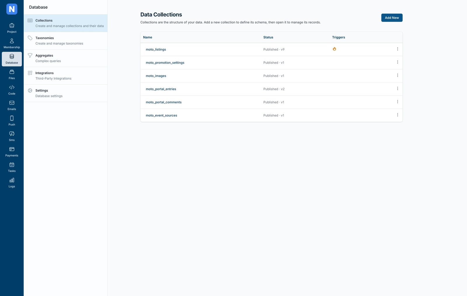 Six MotoSkelbimai collections in the Norbix Cloud dashboard