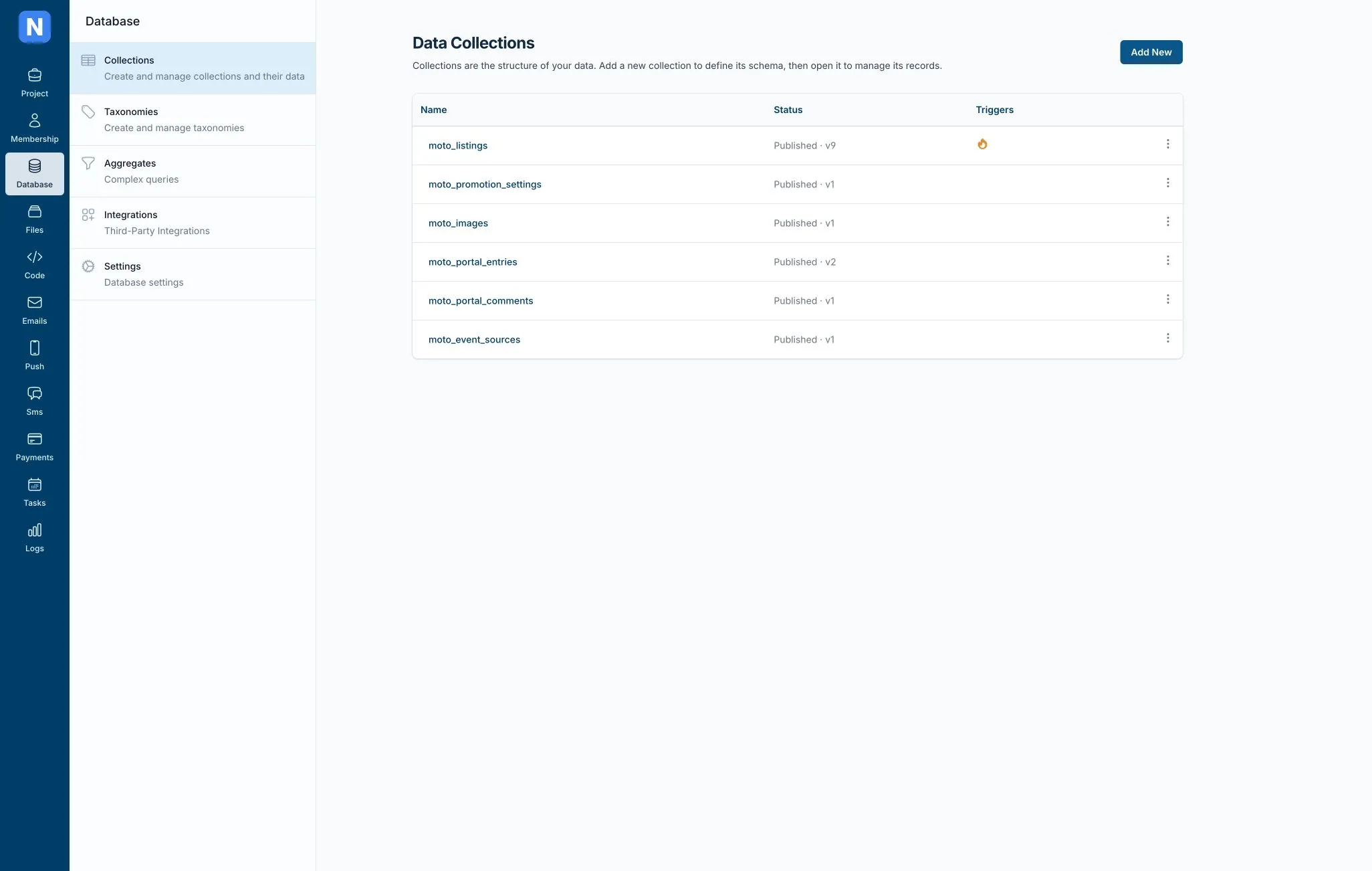 Six MotoSkelbimai collections in the Norbix Cloud dashboard