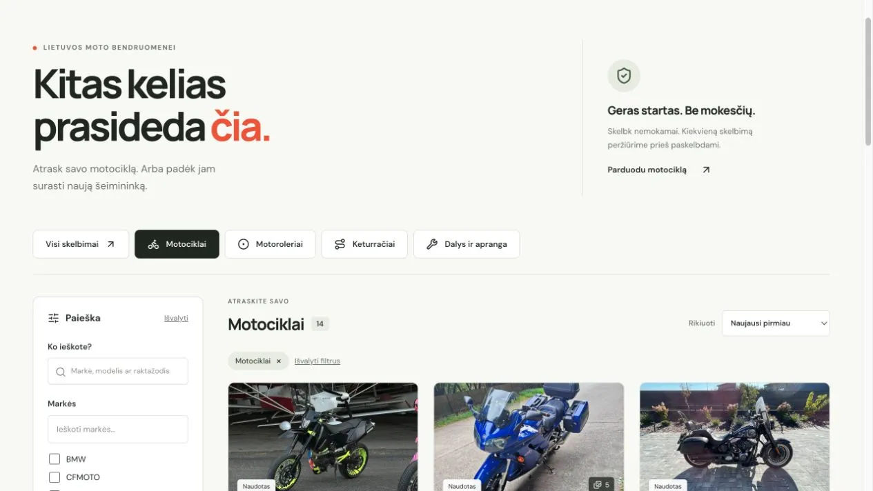 Real MotoSkelbimai category filters and listing results