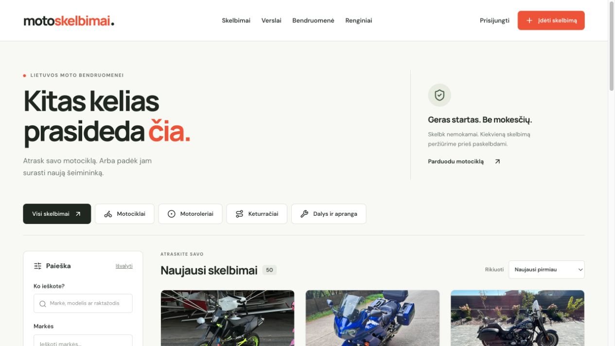 MotoSkelbimai homepage with categories and published motorcycle listings