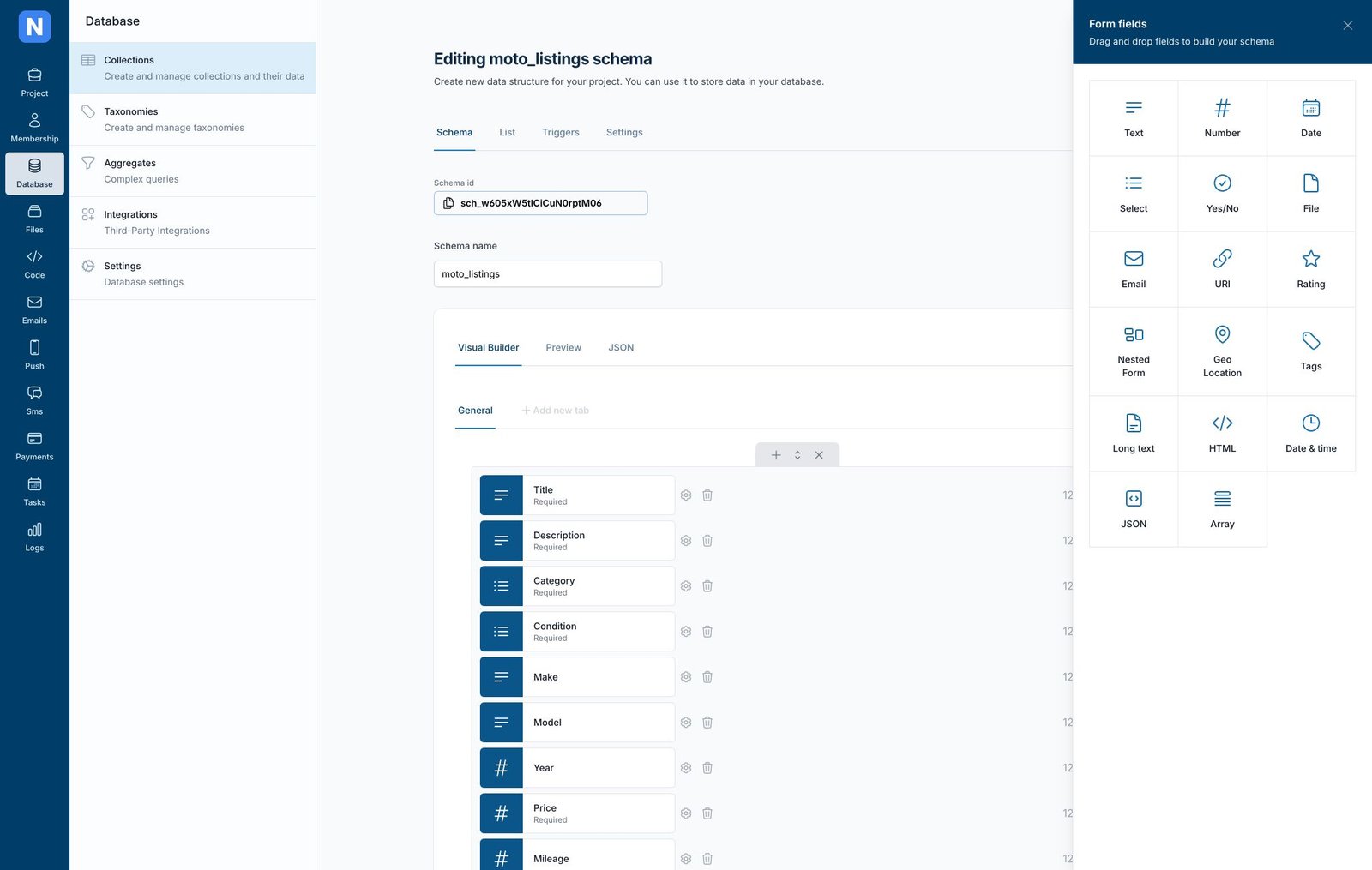 Norbix visual schema builder for the MotoSkelbimai listing collection