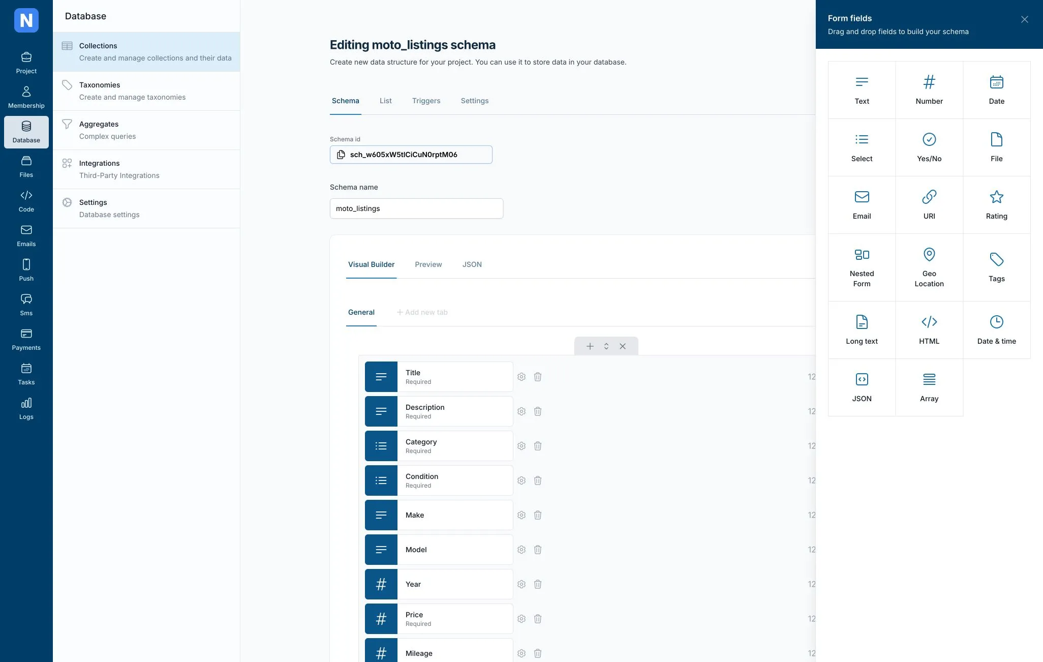 Norbix visual schema builder for the MotoSkelbimai listing collection