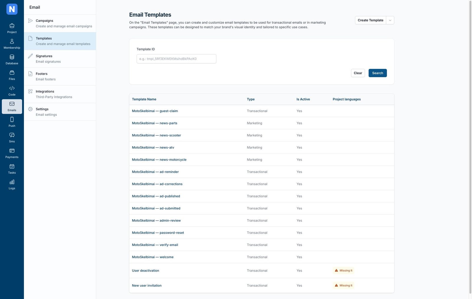 MotoSkelbimai transactional and marketing email templates in Norbix