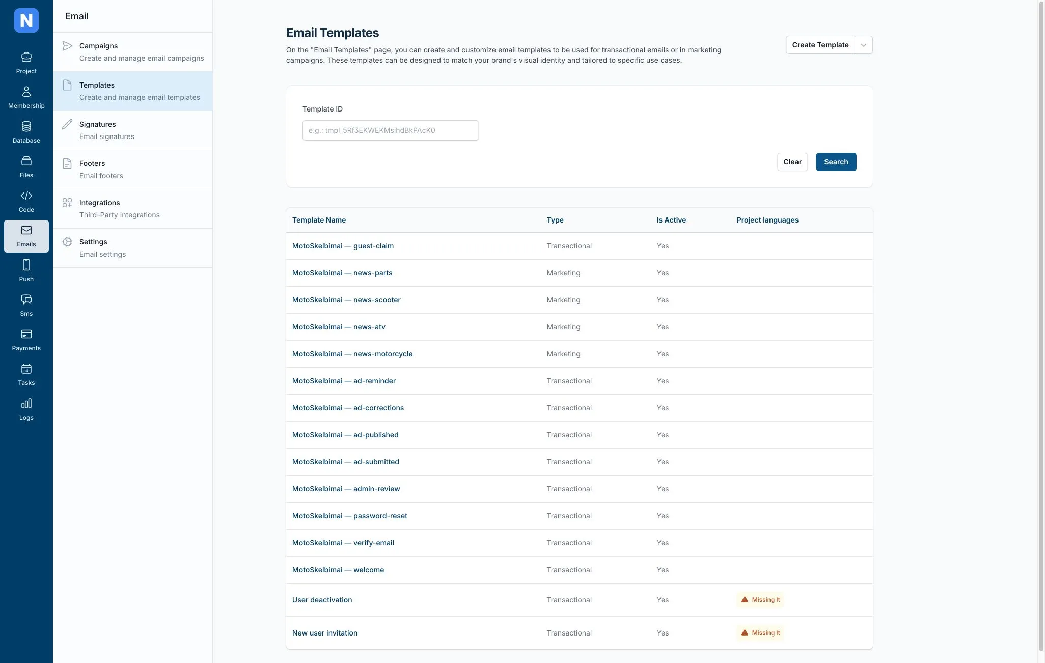 MotoSkelbimai transactional and marketing email templates in Norbix